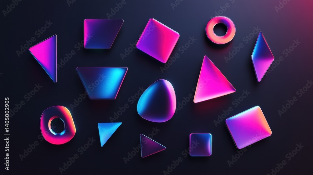 Poster Colorful neon gradient shapes create a vivid display on a glossy black background with striking reflections and depth