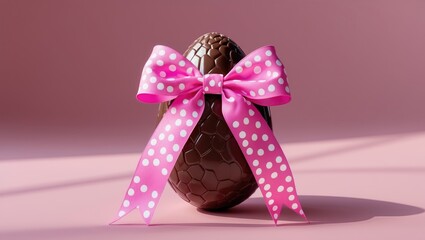 Oversized joyful chocolate egg with a pink polka dot ribbon tied in a bow set against a charming pink background.