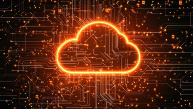 Cloud computing technology.  A glowing orange cloud graphic overlaid on a complex circuit board.  Digitally enhanced - Powered by Adobe
