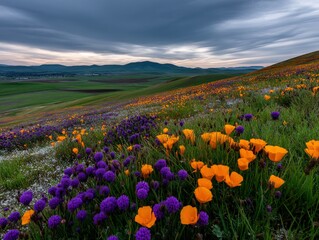 Obraz premium Vibrant wildflowers bloom on rolling hills at sunset