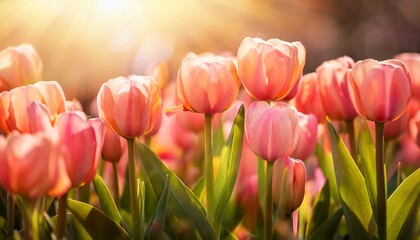 Tulip Salmon Impression pink flowers in spring sunlight