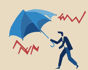 Fototapeta premium Business Resilience During Market Crash, Businessman with Umbrella Protecting from Falling Arrows, Economic Crisis Survival Concept, Flat Minimalist Vector