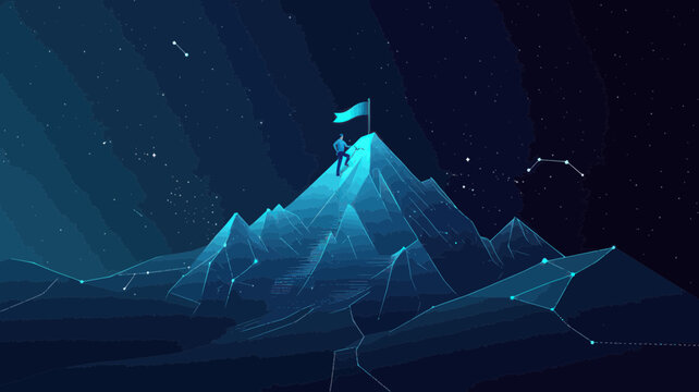 Digital Mountain with Professional Climber Reaching Summit Flag, Business Achievement, Technology Background, Goals Ambition Concept, Minimalist Vector Illustration