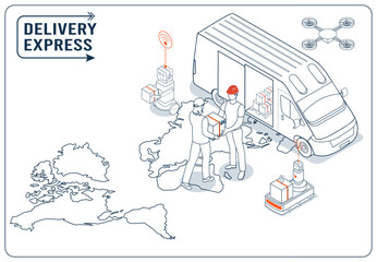 Isometric illustration of a global delivery shipping service provides smart logistics for export, import, and local distribution, delivering online orders from couriers directly to homes worldwide.