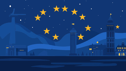 Fototapeta premium European Union Night Skyline with Buildings and Stars Vector Illustration - EU Architecture and Symbolism Concept
