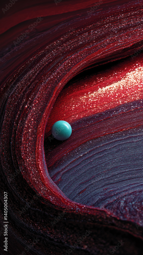 Poster Close-up of textured red and burgundy surface with glitter, featuring a small teal sphere nestled within a wave-like formation, showcasing a luxurious and abstract design concept