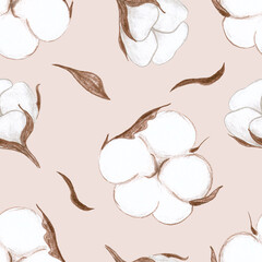 cotton flowers on a beige background, hand-drawn raster drawing with colored pencils, seamless pattern