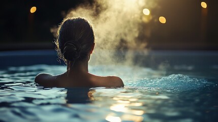 Serene Evening at the Hot Spring: A Woman Finds Tranquility in Warm Waters