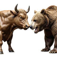 Intense stock market bull and bear clash, representing market volatility and economic competition, dramatic concept isolated as PNG image
