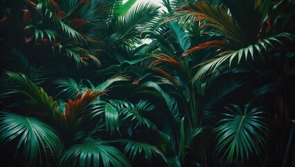 Creative arrangement of deep dark green palm leaves pattern
