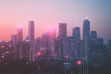 Fototapeta premium Modern city skyline intersects with polling chart overlay highlighting political data trends in urban landscape at dusk