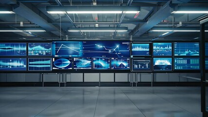 Modern control room with multiple digital screens displaying various real-time data and charts in a data center environment. - Powered by Adobe