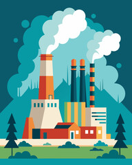 Fototapeta premium Prior to the construction of a new power plant an indepth study was carried out to analyze the potential carbon emissions and impact on air quality in the surrounding area.. Vector illustration