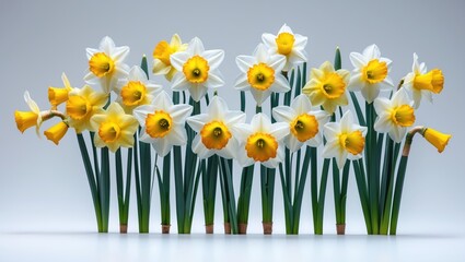 Daffodil flower positioned differently set against a white background.