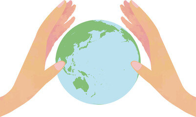 両手で支える地球 ― やさしさと未来を守るイラスト