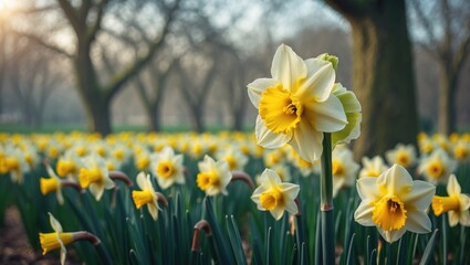 Fototapeta premium Field of blooming daffodils in the park