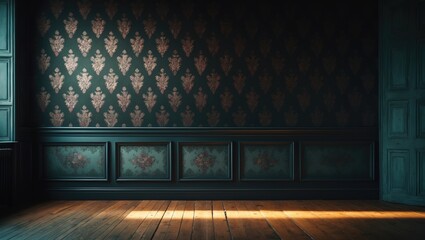 dimly lit room featuring wallpaper