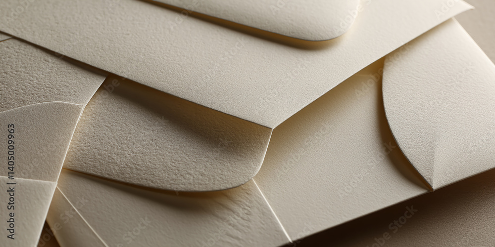 Poster Close-up of beige textured paper envelopes, layered to create depth and visual interest, showcasing a minimalist and elegant design, ideal for branding or stationery mockups