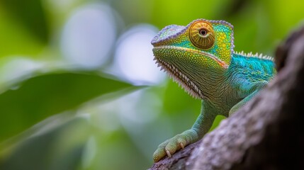 Vibrant Green Chameleon on Tree Branch
