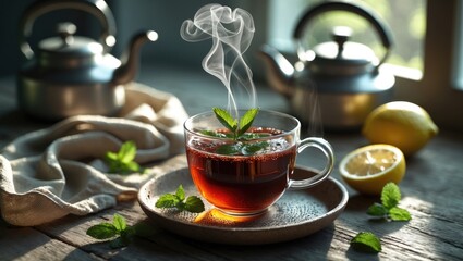 Cup of warm scented tea with mint and lemon placed on the table