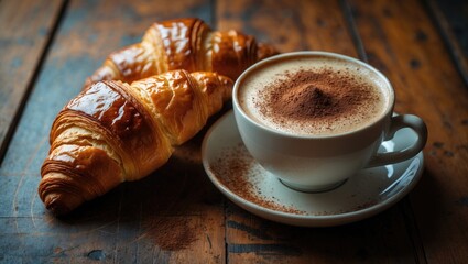 Cappuccino coffee served with croissants on a wooden table
