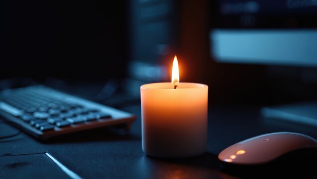 Concept of blackout featuring a white candle in close-up on a desk with a blurred computer