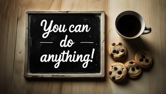 Blackboard inscribed with the message you can do anything on a wooden table alongside a cup of coffee