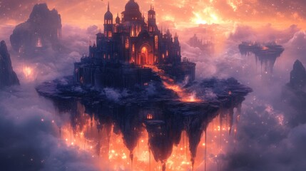 Floating Castle Amidst Fiery Cloudscape