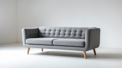 Grey fabric modern sofa set against a white backdrop