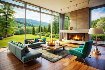 Elegant Modern Living Room with Panoramic Nature View, Tilt-Shift Photography