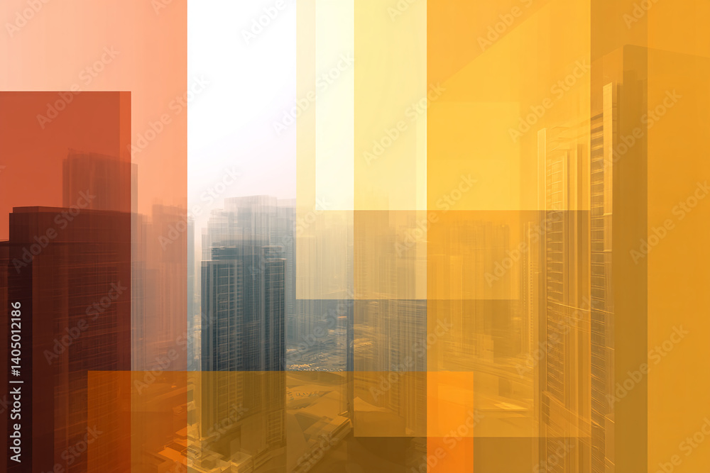 Poster abstract image of city skyline, overlaid with orange and yellow geometric shapes, creating a hazy, w