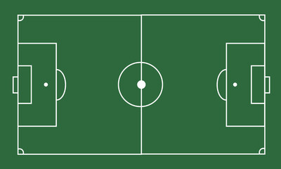 Minimalist top view of a green football field layout with clearly marked white lines and goals, ideal for sports illustrations, strategies, or soccer-themed projects.