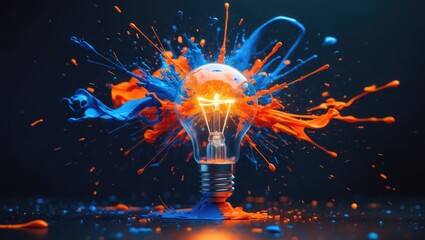 Creative light bulb bursts with vibrant dry paint, sparks, and splashes against a backdrop, concept.
