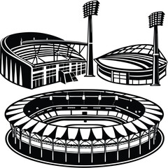 Black and White Vector Illustration of Sports Stadiums: Cricket, Football, & Baseball Arenas Graphic Design Element