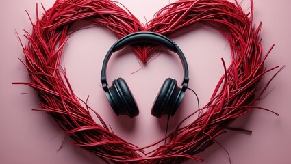 Top-down view of black headphones decorated with a red heart on a pink surface with open copy space.