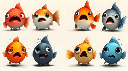 Fototapeta premium Playful Cartoon Fish: A Delightful Collection of Expressive Illustrations