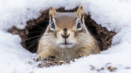 Obraz premium Closeup of a Chipmunk Emerging from Snow Covered Hole