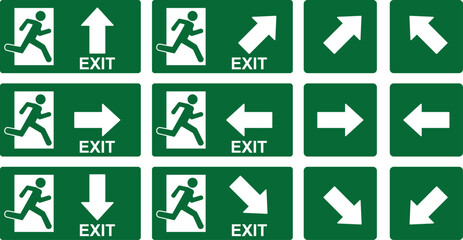 Exit direction signs, evacuation signs, exit sign icon. Design image, web banner, poster, vector illustration.