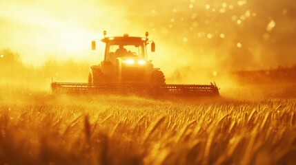 Naklejka premium self-driving tractor harvesting golden wheat fields at sunrise, 