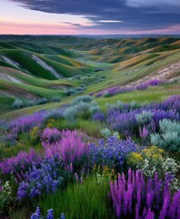 Fototapeta premium Vibrant wildflowers bloom across tranquil rolling hills