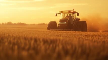 Fototapeta premium self-driving tractor harvesting golden wheat fields at sunrise, 
