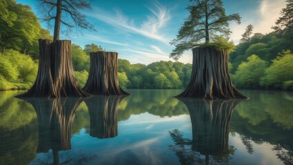 A peaceful lake shines beneath the sun, its still surface marked by contorted tree branches stretching out like nature's fingers, enveloped by a vibrant green forest.