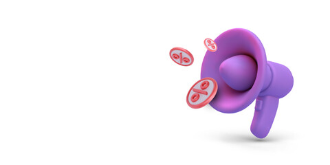 Discount Announcement With Megaphone And Flying Percent Symbols. Perfect For Marketing, Sales, Promotions, And Advertisements. Clean 3D Style. Vector Illustration.