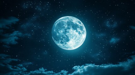 Fototapeta premium Full Blue Moon and Starry Night Sky with Clouds