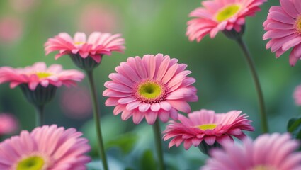 Obraz premium Detailed view of radiant pink gerbera daisies in the garden, flowering plants showcasing vivid blooms photographed in selective focus with a hazy backdrop and open space