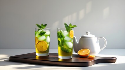 Cups of refreshing iced green tea on a blank white background for text inclusion