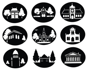 Black and White Building Silhouette Icons: Vector Set of Architectural Landmarks, Cityscapes, and Urban Design Elements in Circular Frames