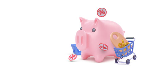 Piggy Bank with Shopping Cart, Discount Tags, and Percent Icons on White Background. Cute 3D Symbol of Savings, Cashback, and Smart Shopping. Vector Illustration.
