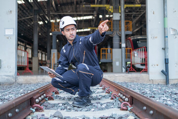 Technician inspects railroad tracks with digital equipment