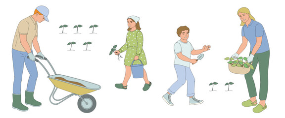 Family gardening. Man with garden wheelbarrow, women with plants, boy with hand shovel, girl with bucket